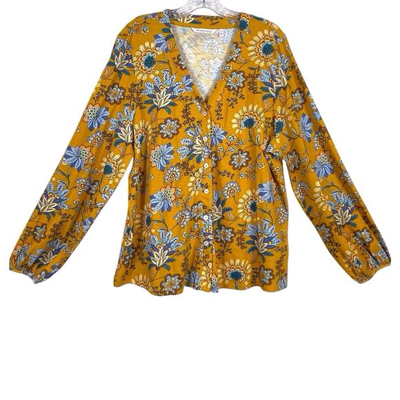 SOFT SURROUNDINGS Lorna Button Front Top Size 1X Golden Floral Long Sleeve Boho - Picture 3 of 16
